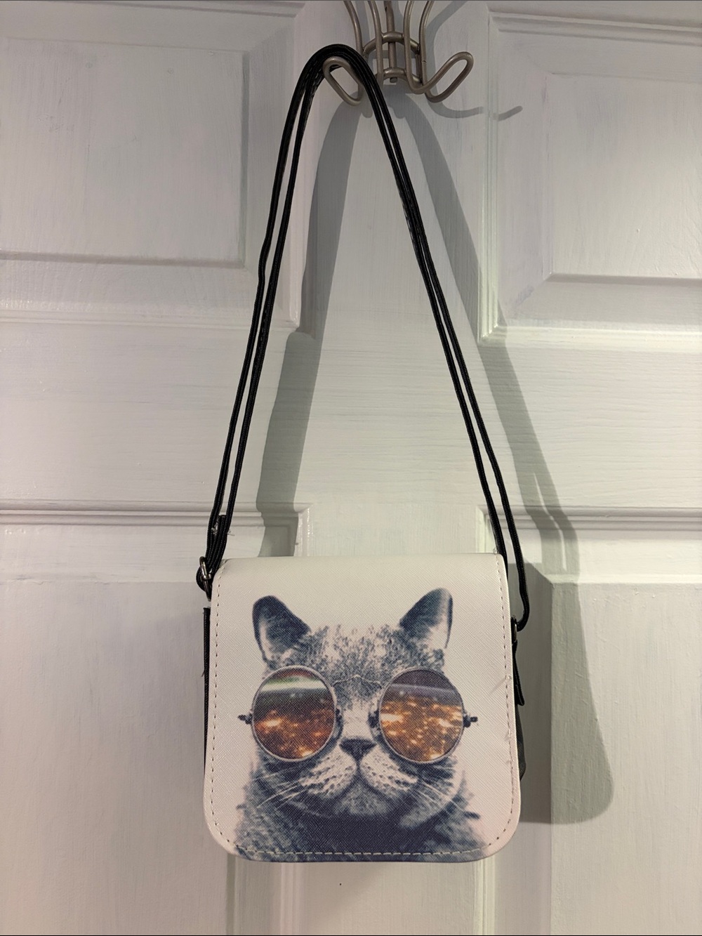 Cat Print Crossbody Bag in White with Black Strap